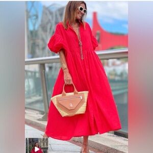 Marielle Almelo Dress Phoebe Red Button Down Puffy Sleeves One Size Vacation